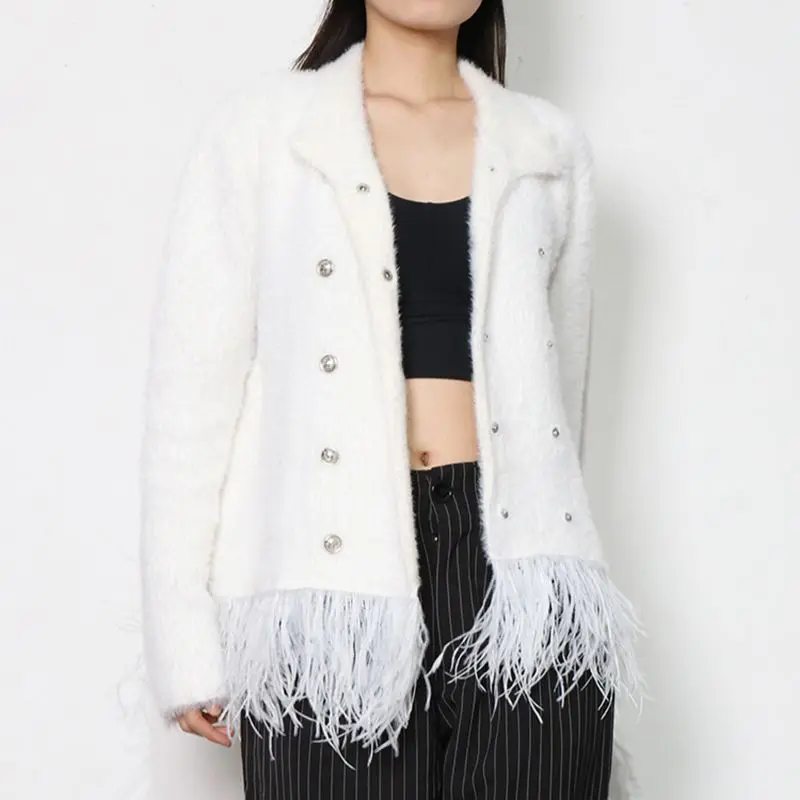 Ostrich Feathers Tassel Delicate Jacket Women's 2022 Spring Black White Solid Color double-breasted Jacket S3633
