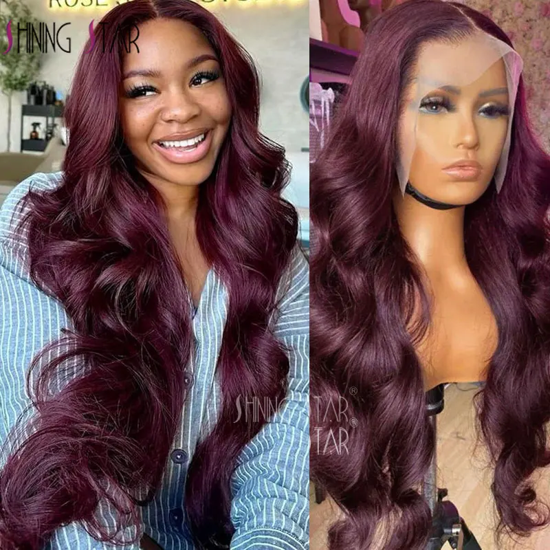 13X4 Парик фронтальной части шнурка Цветной бордовый 99J Объемная волна Парики