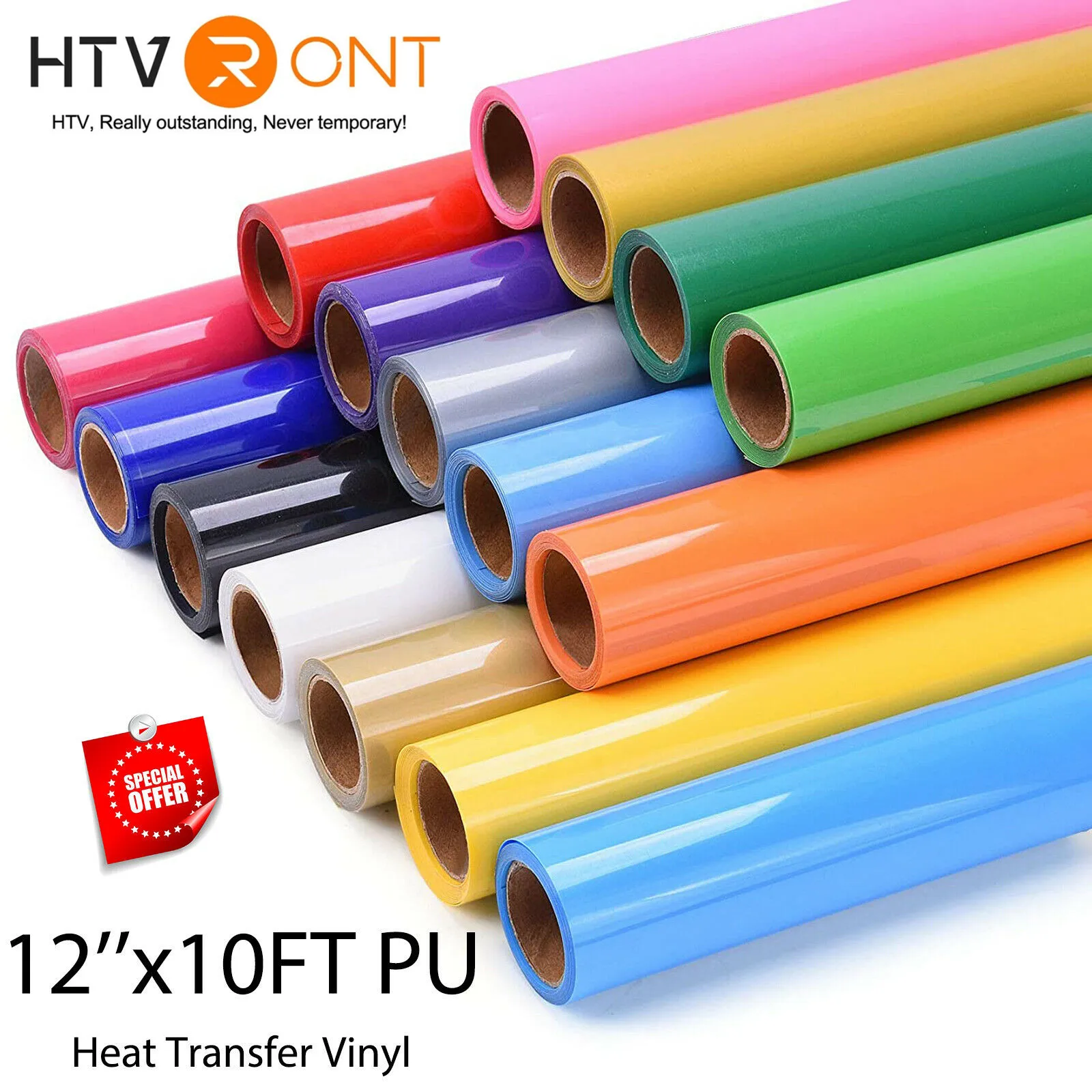 

12"X10ft/30x300cm HTVRONT Matte PU Elastic Heat Transfer Vinyl for Cricut Iron on Printing Clothing T-shirt DIY HTV Roll Film