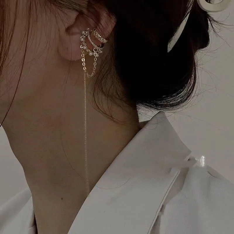 

Luxury Crystal Imitation Pearl Earring Without Pierced Ear Cuff For Women Fashion Long Tassel Ear Clip Earring Party Jewelry 1pc