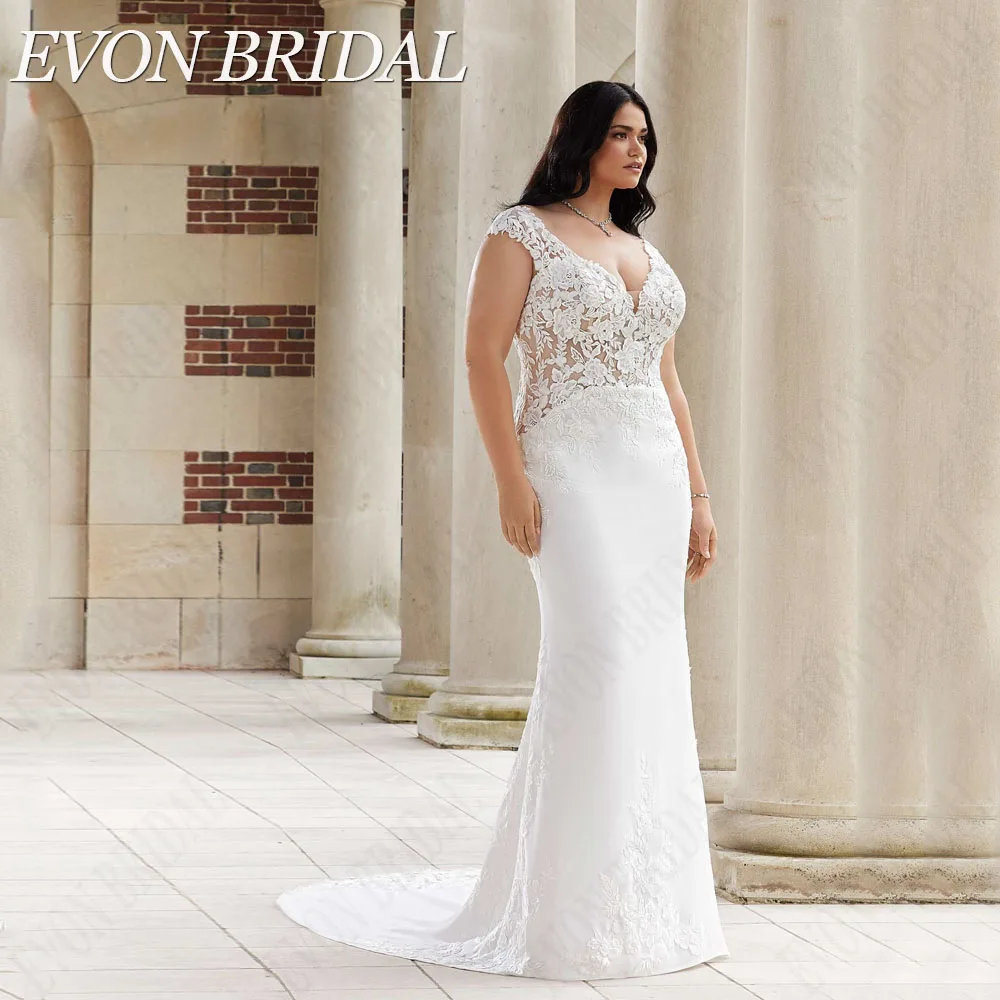 Фото Evon Bridal Свадебное платье большой женщины V - воротничок Русалочка наклейка невеста платье пуговица шляпа рукав черный жилетEVON Свадебное женское платье с V-образным вырезом и аппликацией русалки №3