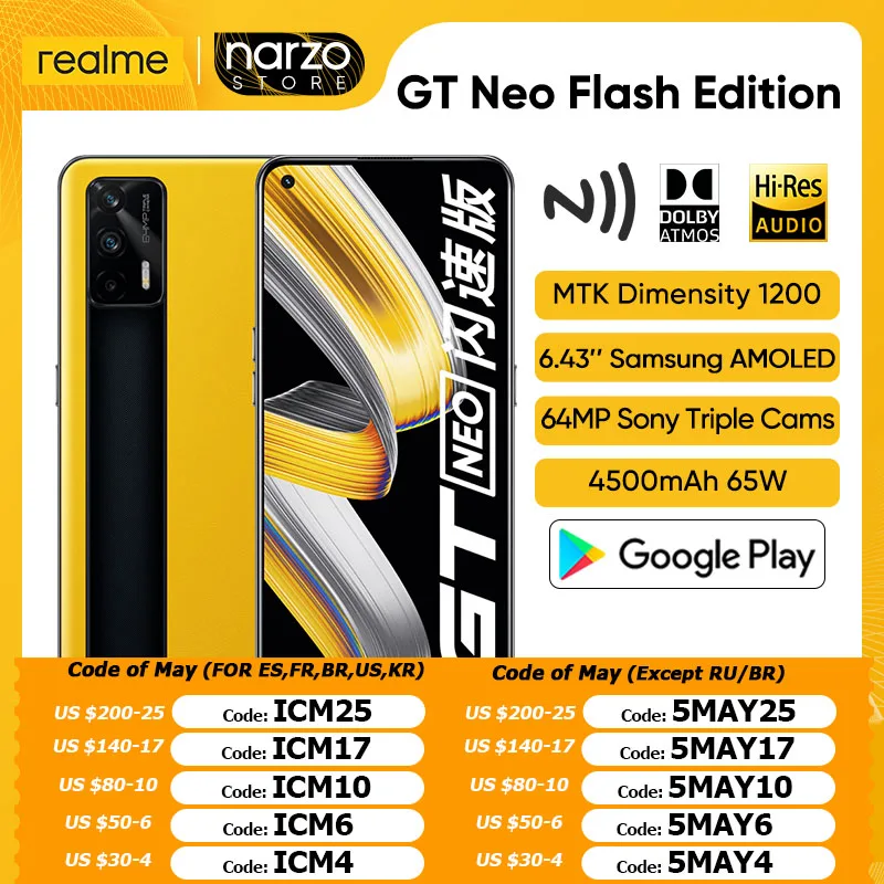 realme gt neo flash edition 5g smartphone mtk dimensity 1200 120hz super amoled 6 43 64mp triple rear cams 4500mah 65w android free global shipping