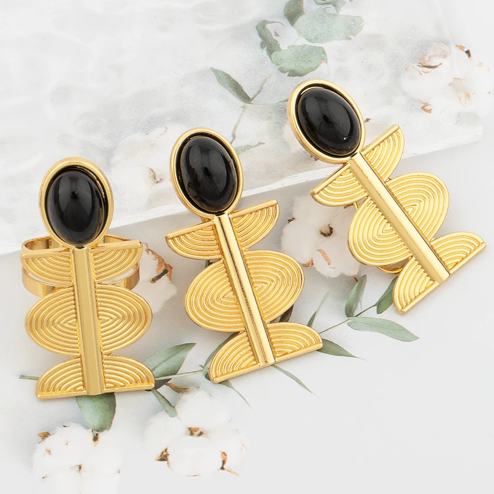 

Luxury Dubai Gold Plated Earrings Ring Jewelry Set for Women Wedding Bridal Black Zircon Design Earrings African Big Ring Gift