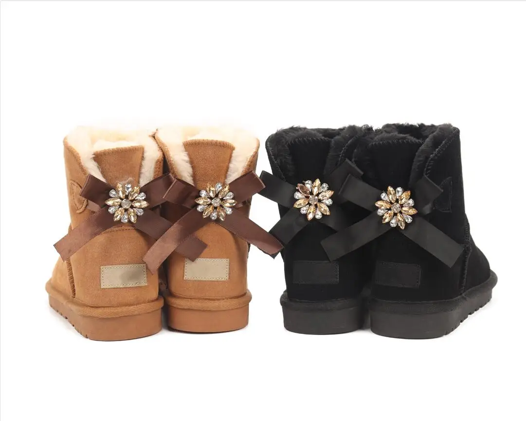 

women winter booties designer boots girl classic snow boot ankle short bow mini fur black chestnut rhinestone Bowtie women shoes