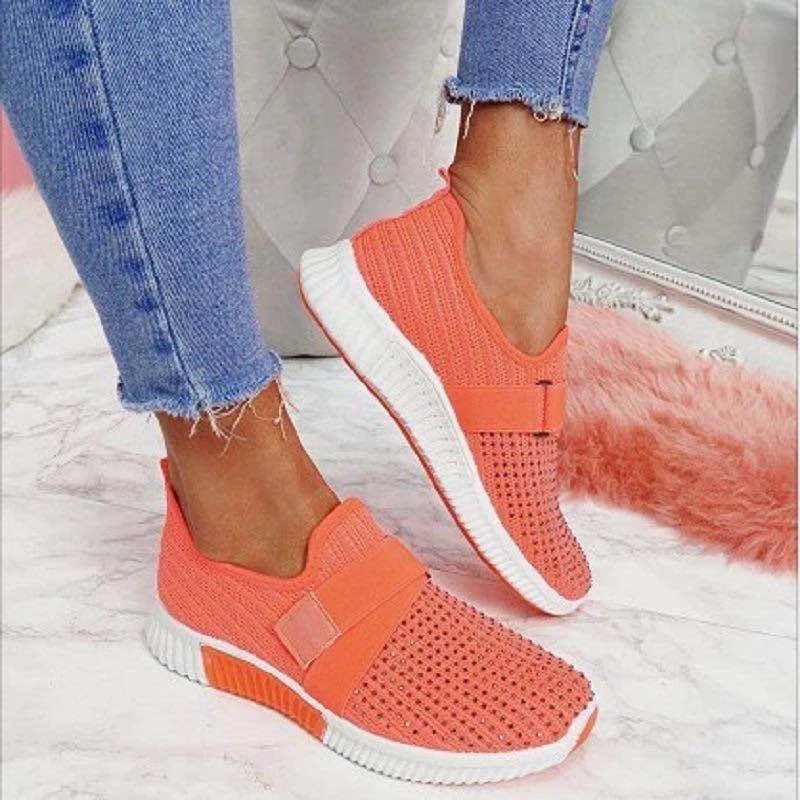 Platform Women Rhinestone Loafers Mesh Comfy Soft Rubber Sole Slip-On Flat Sneakers Woman Vulcanization Shoes 2023 Summer