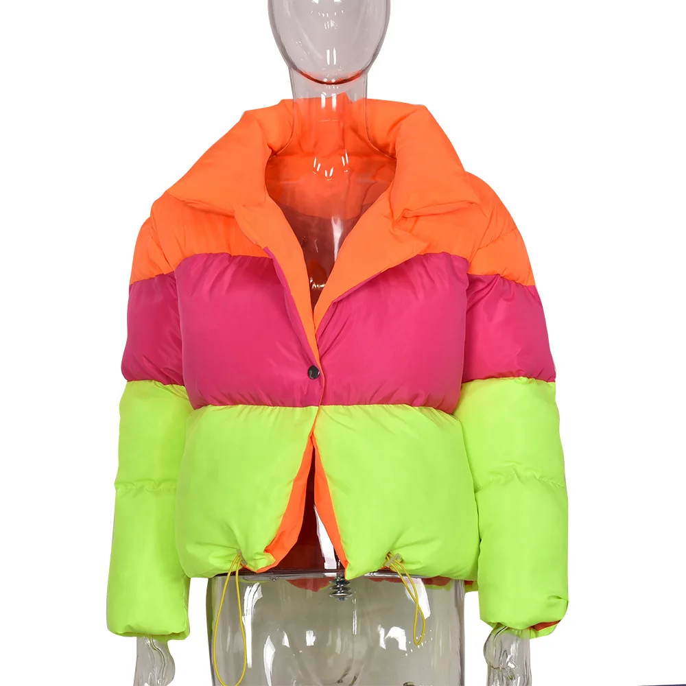 INS Style Padded Jacket Long-Sleeved Warm Contrast Color Drawstring Lapel Personalized Women's Sweaters Women's Coat