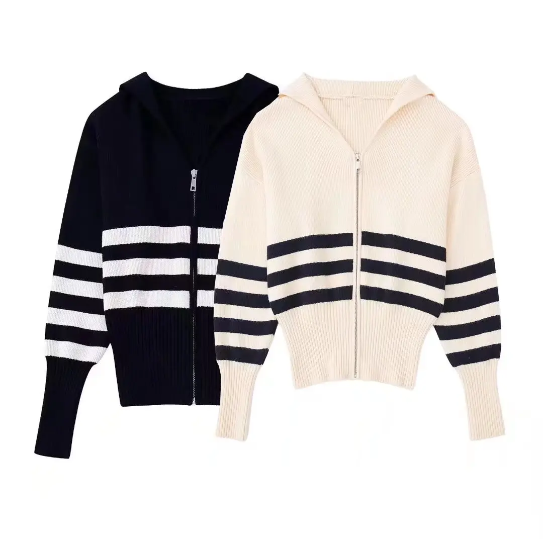 

2022 Autumn Winter Striped Women Cardigan Knit Coat V Neck Vintage Long Sleeve Elegant Female Sweaters Chic Top 7146