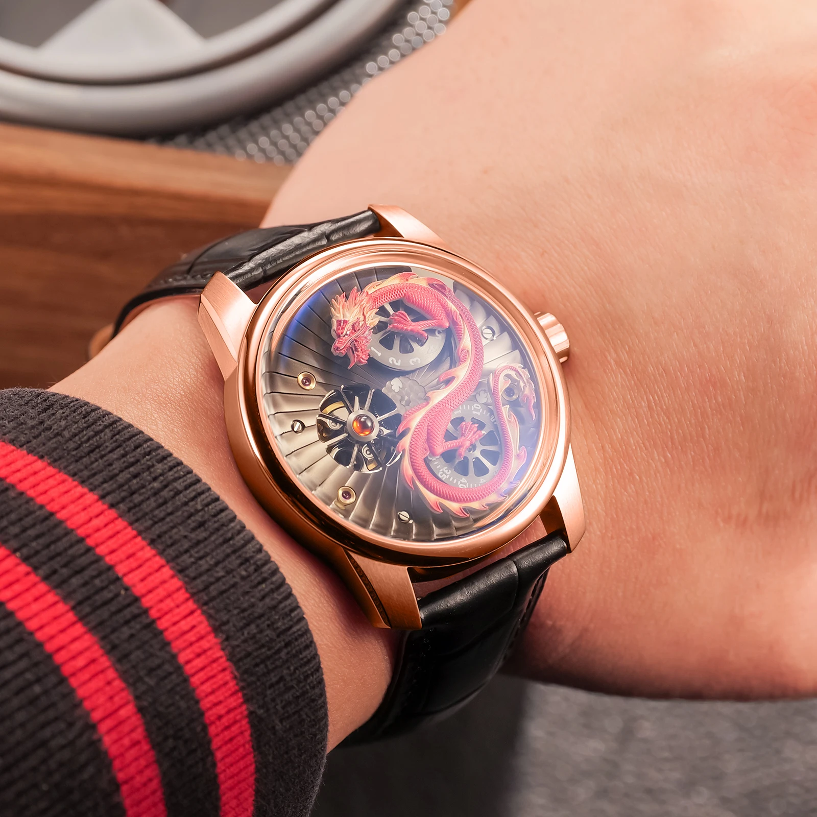 Автоматические часы OBLVLO мужские цвет розовое золото искусственная кожа