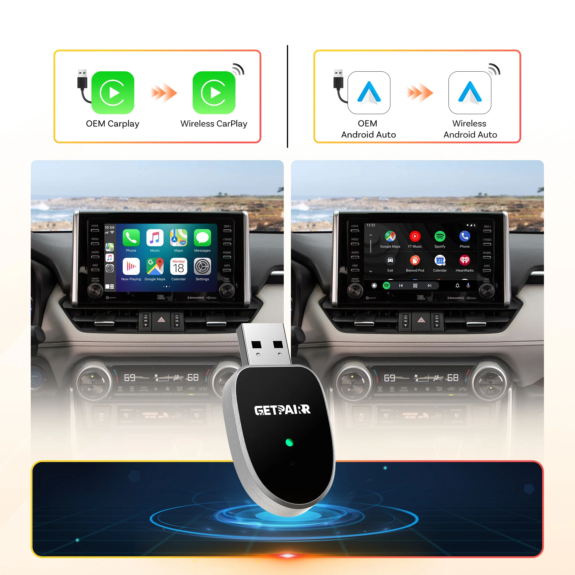 Фото Мини-адаптер GetPairr USB-ключ, проводной к беспроводному CarPlay Android Auto 2 в 1, автомобильные аксессуары для Chevrolet Ford Toyota VW Benz №2