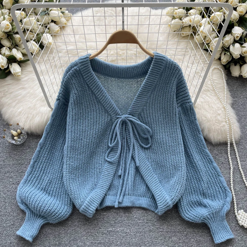

Clothland Women Elegant Knitting Cardigan V Neck Lace Up Long Sleeve White Blue Jacket Casual Sweet Coats HA227