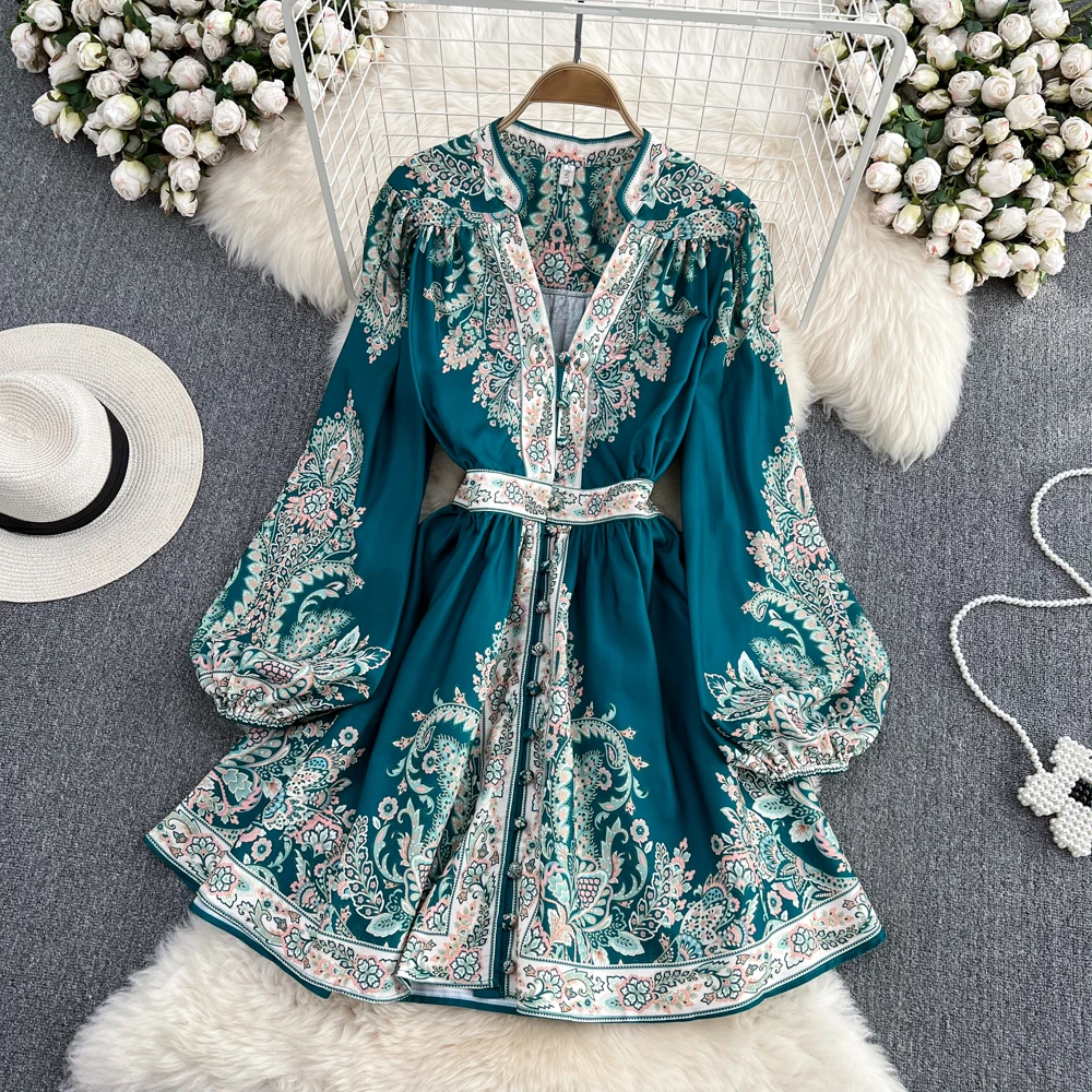 

Clothland Women Chic Paisley Print Mini Dress V Neck Long Lantern Sleeve High Waist Aqua Vintage Dresses Vestido Mujer QB178