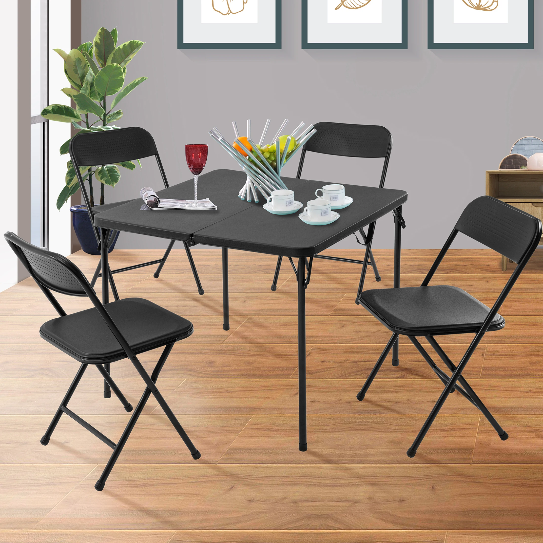 

5 Piece Foldable Resin Card Table and Four Chairs Set, Black (Us Stock)