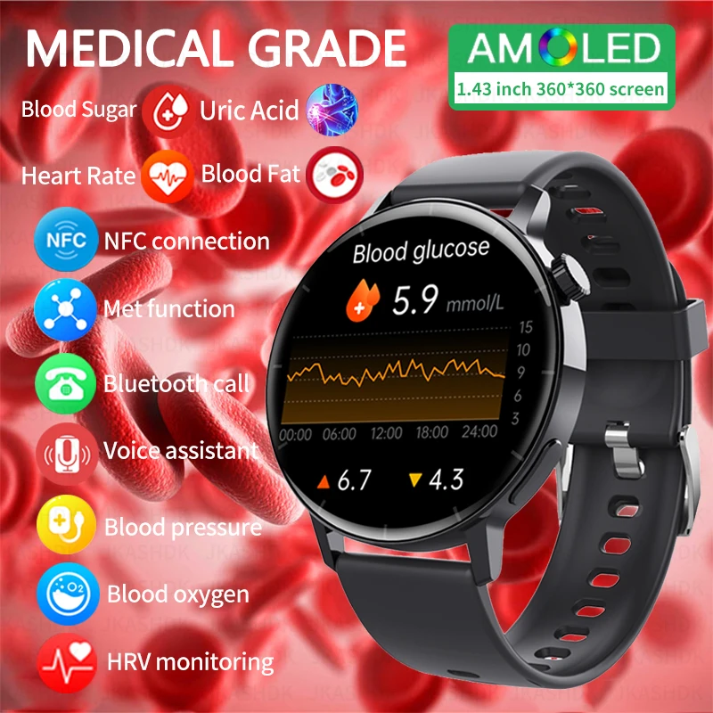 

2023 New NFC Blood Lipids Uric Acid Blood Glucose Smart Watch Men Fitness Tracker Clock Heart Rate Bluetooth call Smartwatch