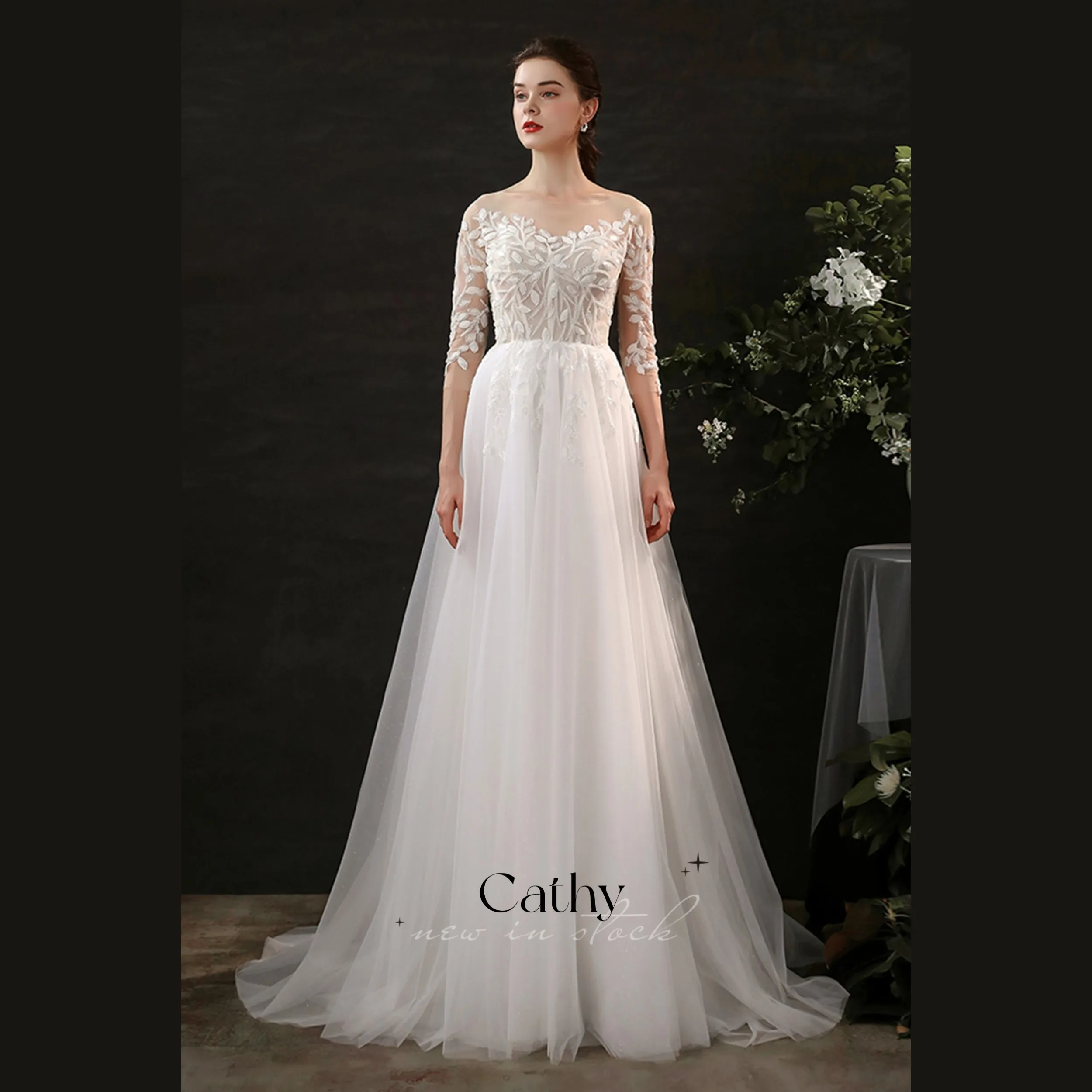 

Romantic Light Luxury Wedding Applique Lace Sleeve Tulle Bridal Wedding Dresses Sweeping Train Robe Custom Vestidos De Boda