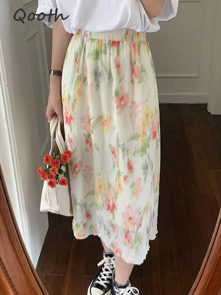 Qooth Spring Summer Women Floral Printed Chiffon Skirts Sweet Midi Length Water Ripples A-Line Skirt QT1805
