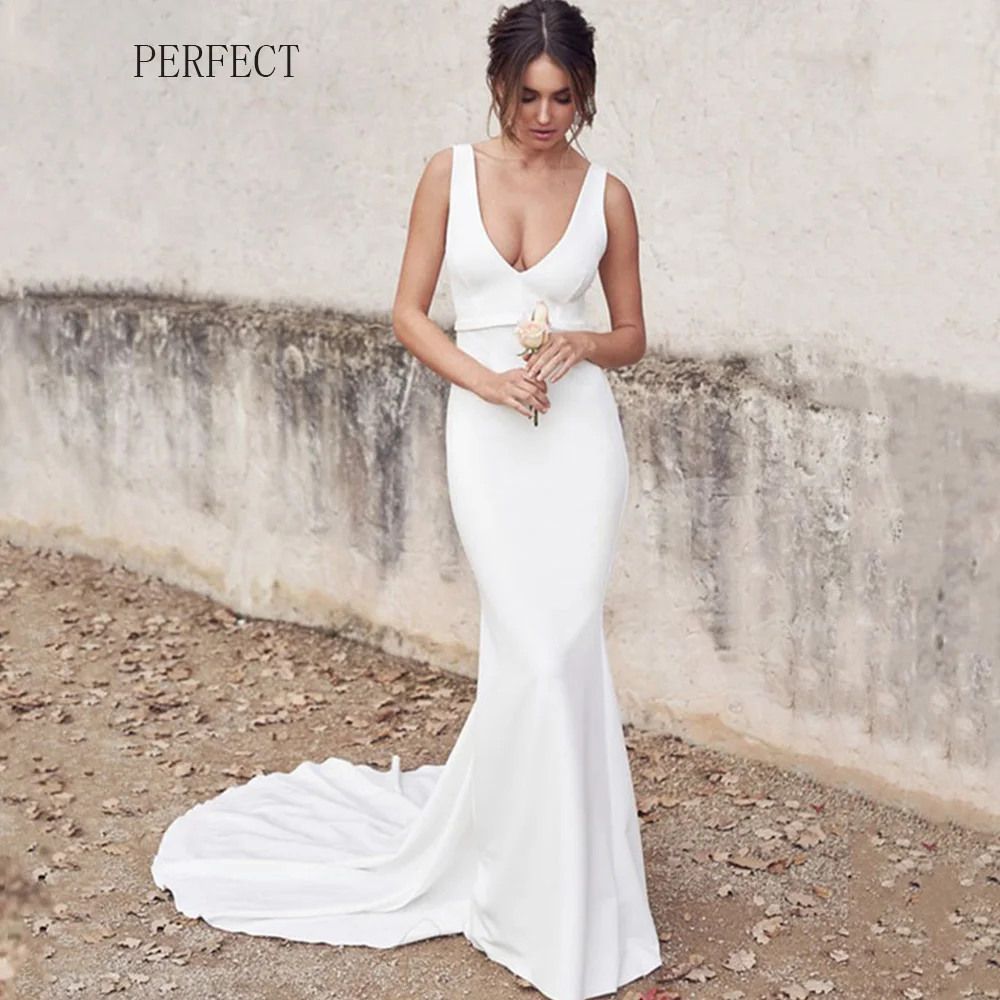 

PERFECT Simple V-Neck Mermaid Wedding Dresses Sexy Sleeveless Backless Spandex Bridal Gowns Custom Made Vestido De Novia