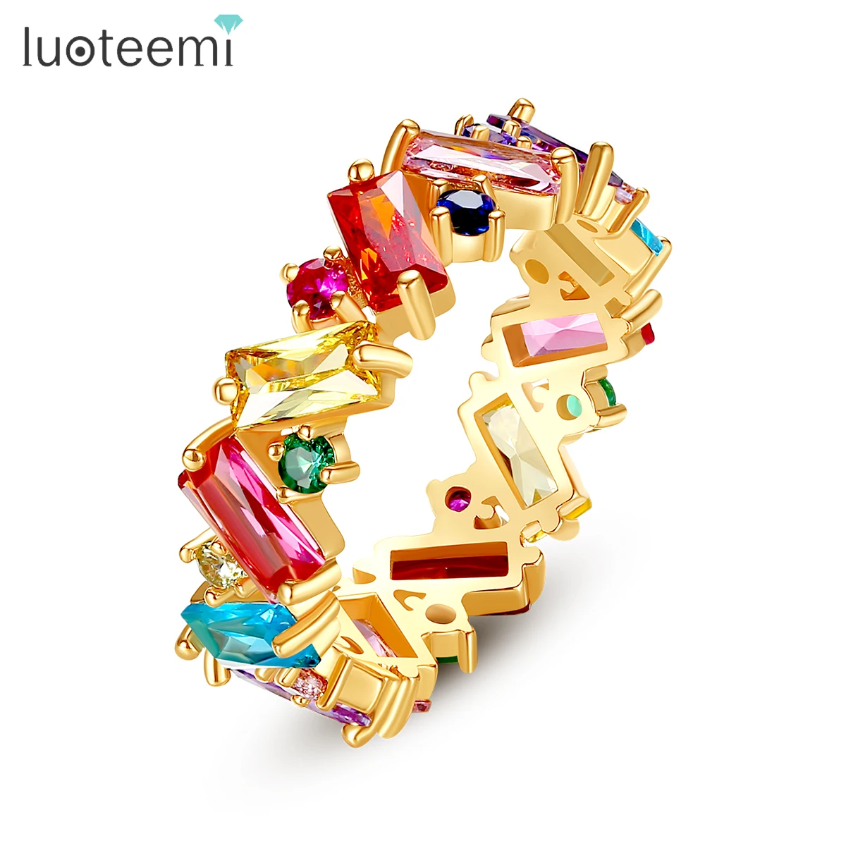 

LUOTEEMI Aesthetic Rainbow Colorful Cubic Zircon Rings for Women Trendy Fashion Statement Jewelry Luxury Designer Couple Ring