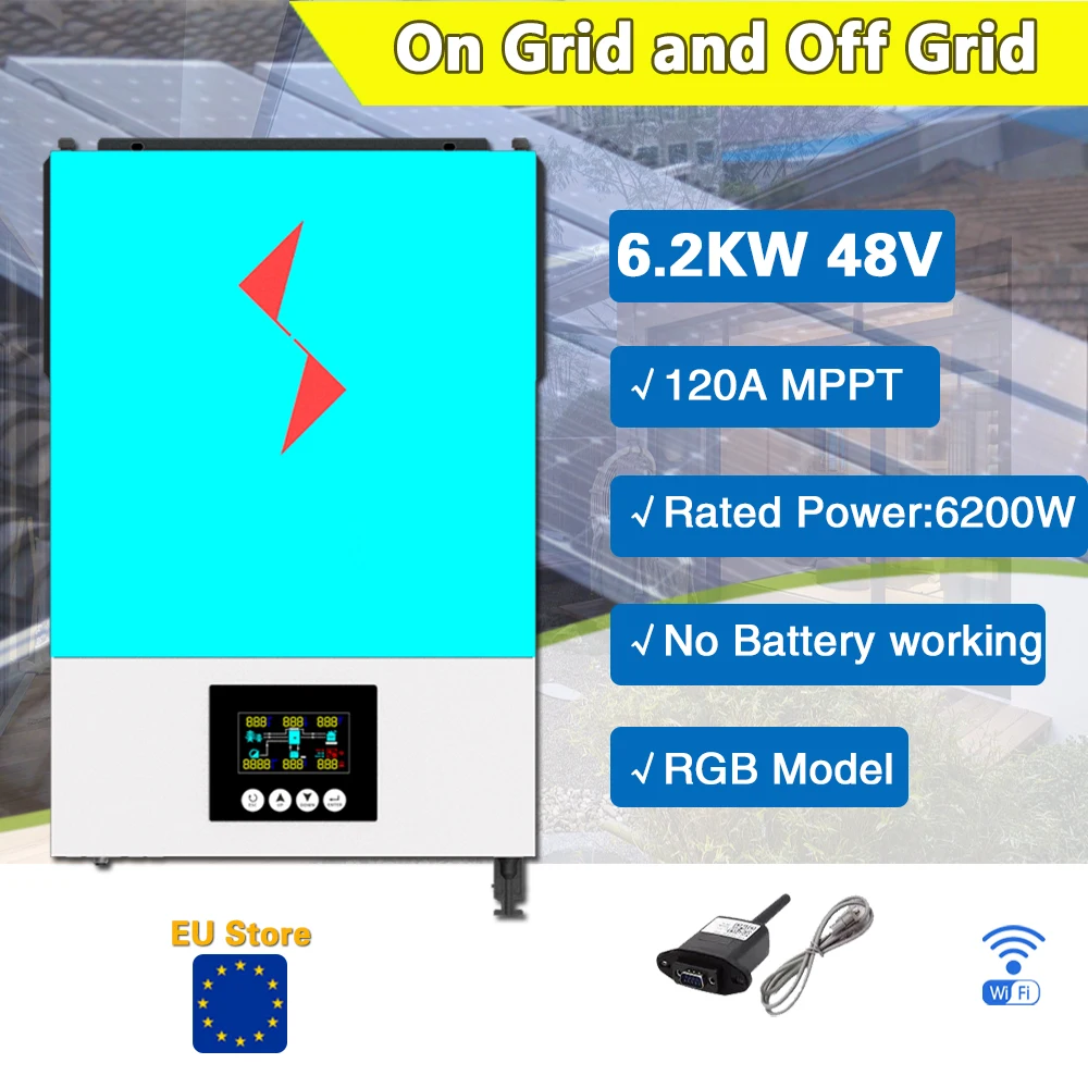 6200W 48V on/off grid solar inverter Built-in 120A solar controller RGB Lingthing for different working mode 90-500vdc pv input
