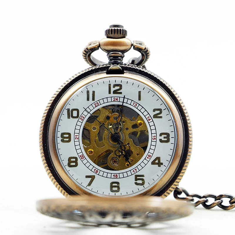 Retro Mechanical Hand Pocket Watch Strap Bracelet Men's Flame Pattern Hollow Arabic Numerals Dial Fashion Pocket Fob Watch Gift