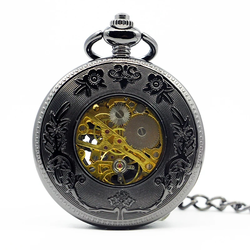 Vintage Charm Black Pocket Watches Mechanical For Men Women Steampunk Necklace Pendant with Chain Unisex Fashion Fob Watches