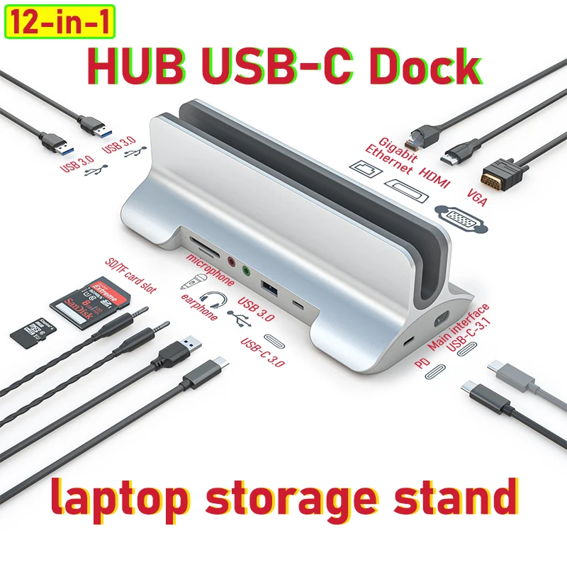 

12-in-1 HUB USB-C Dock HD PD 100W Laptop Storage Bracket Base Accessories for Apple MacBook Pro Air Mac mini HP Thunderbolt Port