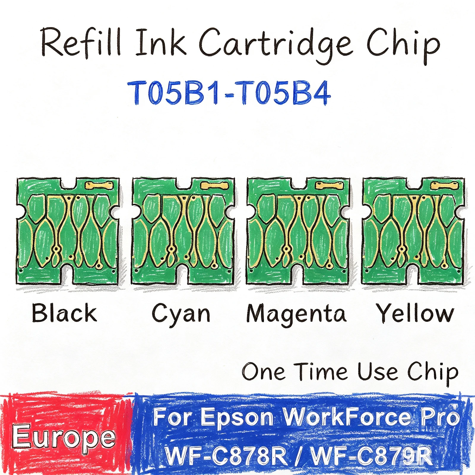 Фото Чип для чернильных картриджей Europe 4Colors T05B (T05B1, T05B2, T05B3, T05B4) для Epson WorkForce WF-C878R, WF-C879R, C878, C878R, C879R, C879 №1