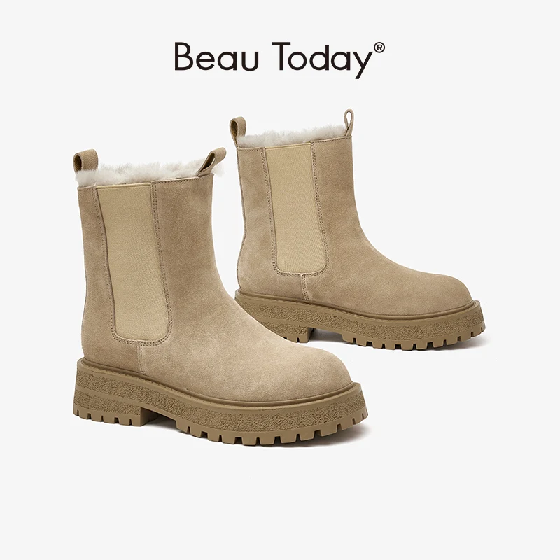 

BeauToday Chelsea Boots Women Suede Leather Snow Boots Warm Fur Round Toe Slip-on Ladies Platform Shoes Handmade 08212