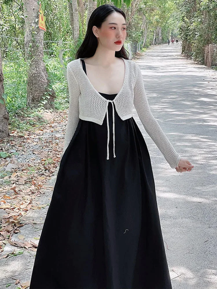 

Zach AiIsa high-quality summer new temperament lace-up long-sleeved hollow cardigan top + elastic waist high-waist shorts