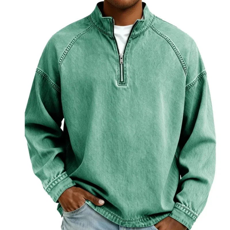 Фото Мужские свитшоты Henley с воротником-стойкой, винтажные, с эффектом потертости, на молнии до середины груди, из денима, с длинным рукавом №2