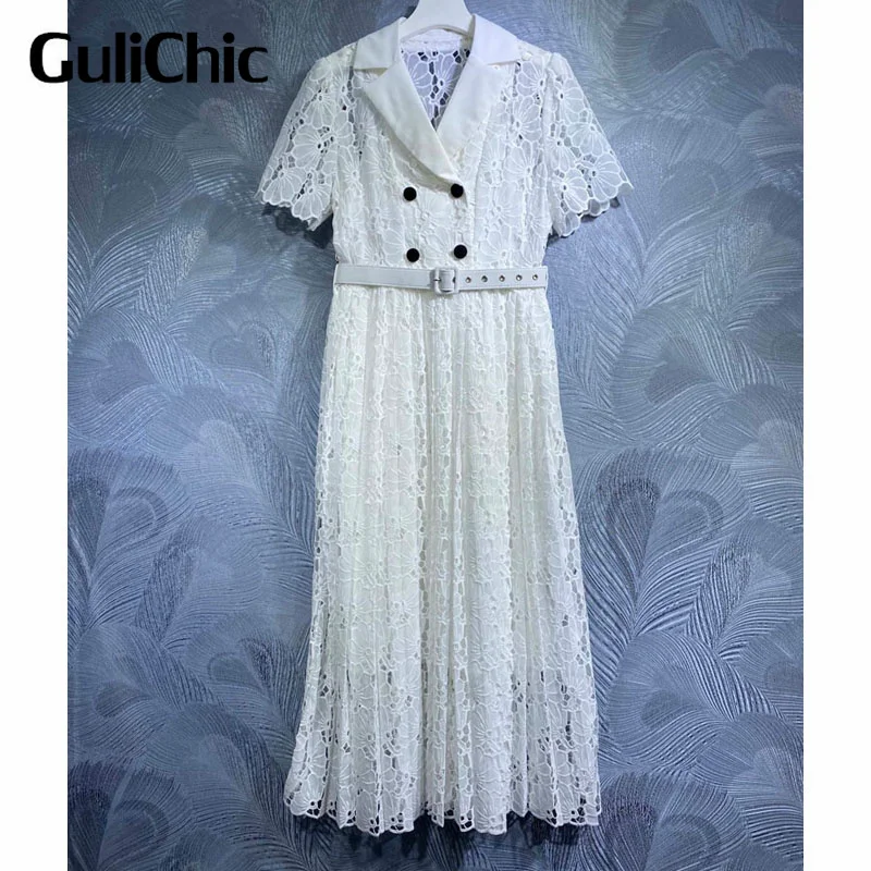 

5.19 GuliChic High Quality Embroidery Hollow Out Turn-Down Collar Short Sleeve With Belt Collect Waist Elegant White Dress Women