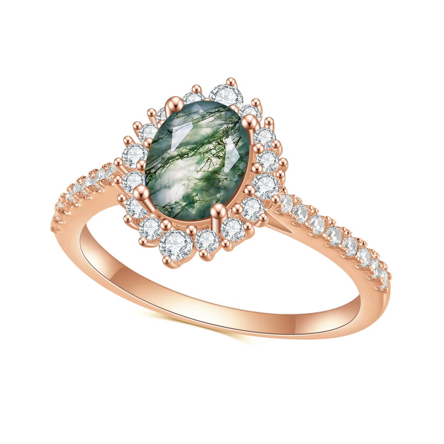 

GEM'S BALLET Women's Silver Ring 1.19CT 6X8mm Oval Cut Halo Pave Moss Agate Cluster Halo Engagement Rings in 925 Sterling Silver