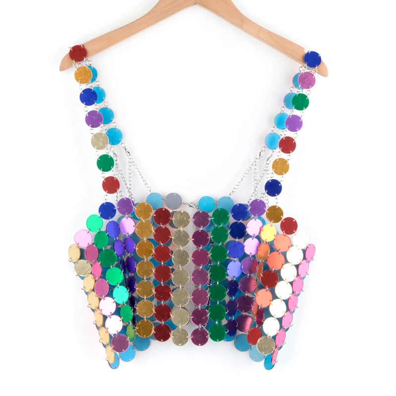 

Leqoel New Sequined Crop Tops for Women 2023 Fashion Backless Female Clothing Shiny Metal Shoulder Strap Hollow Out Sexy Top