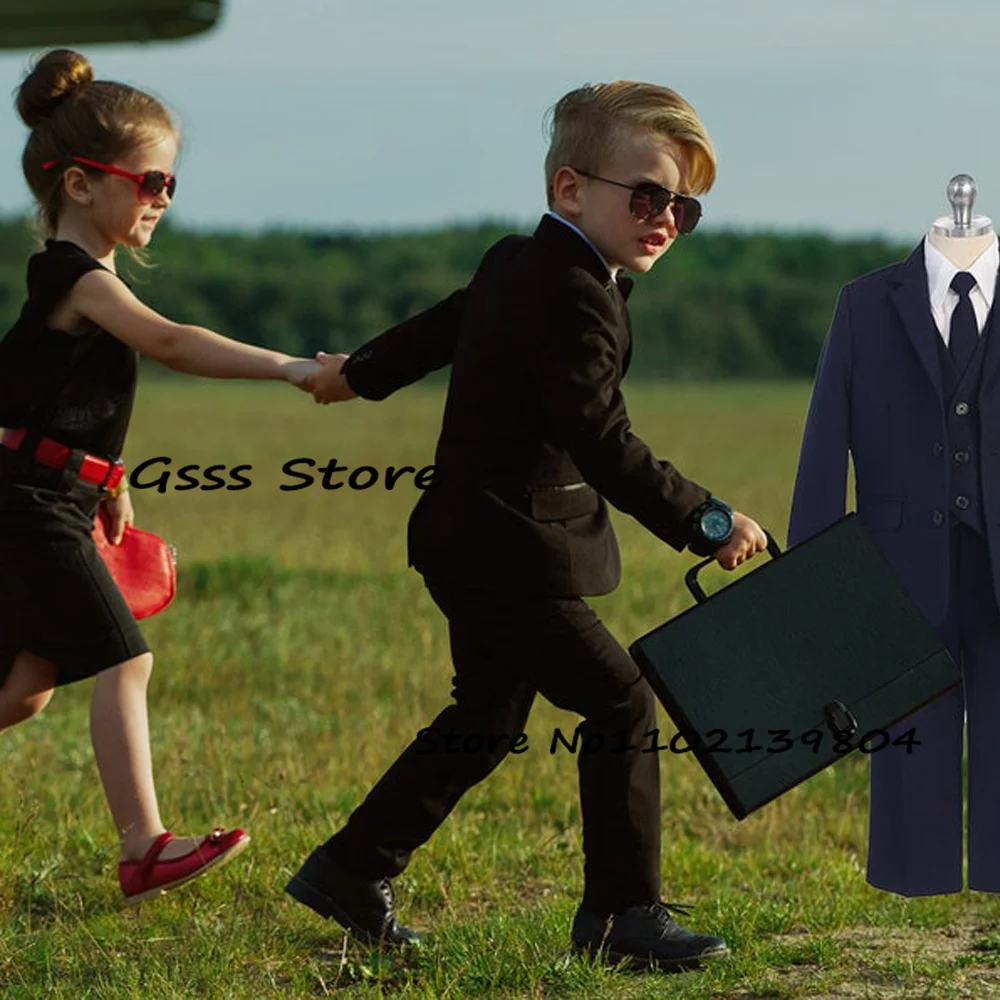 Suit for Boys Wedding Tuxedo Black Kids (Blazer + Pants + Vest) Child 3 Piece Formal Business Suit