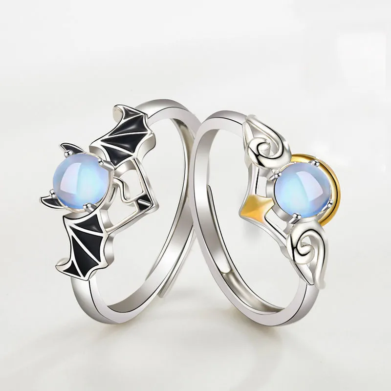 

Vintage Demon Angel Ring Paired Rings For Couples Men Goth Fashion Moonstone Adjust Ring Wedding Engagement Finger Jewelry