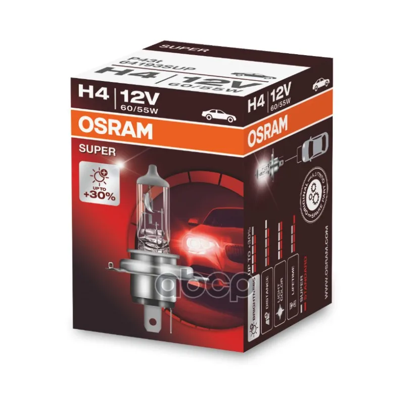 Лампа 12v H4 60/55w P43t Osram Super 1 Шт. Картон 64193sup 8539213000 H4 55/60w +30% Osram арт. 64193SUP