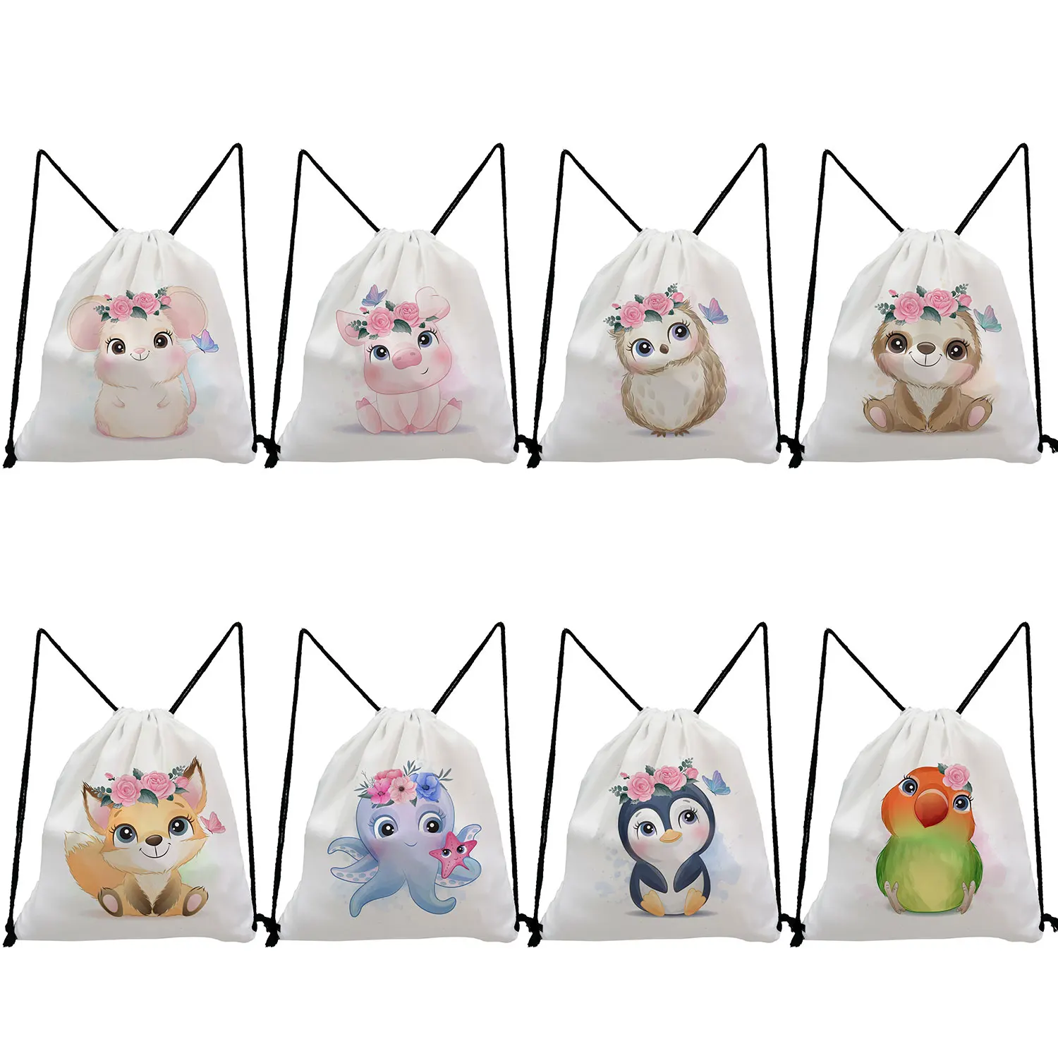 

Pig Sloth Owl Parrot Penguin Cat Dog Print Cute Animal Pattern Portable White Drawstring Pocket Backpacks for Students Shoes Bag