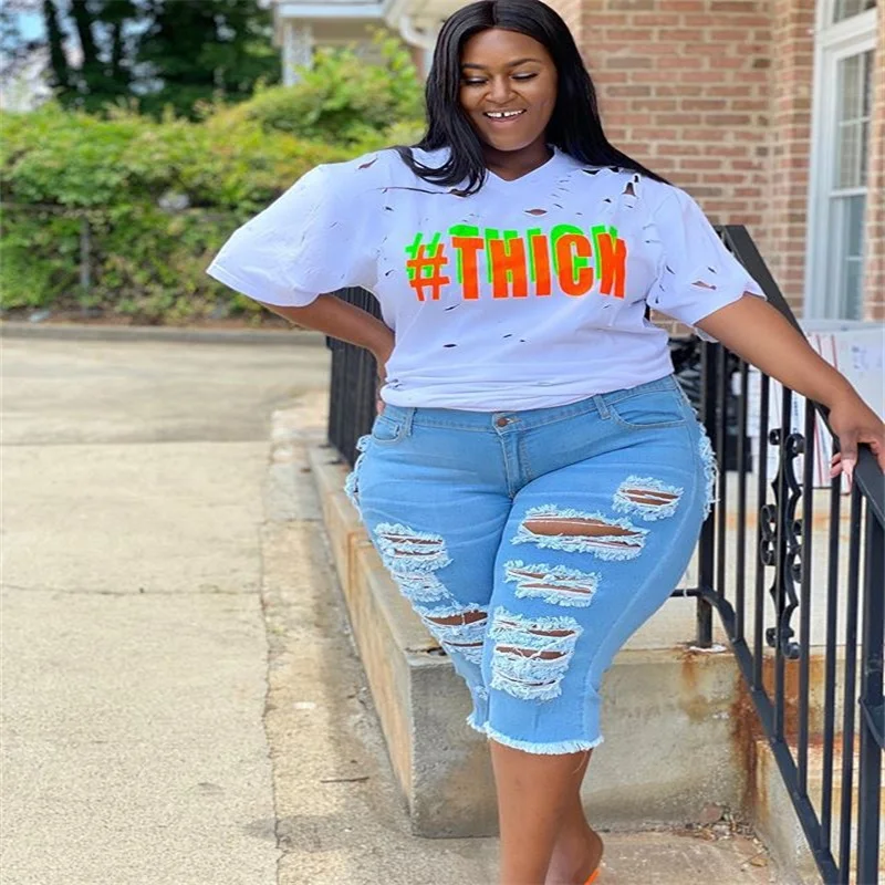 

Explosive Sexy 2023 Summer Wash Old Hole Hollow Out 7 Point Jeans Plus Size Women's Casual Wear Mid Waist Pants Female Wholesale