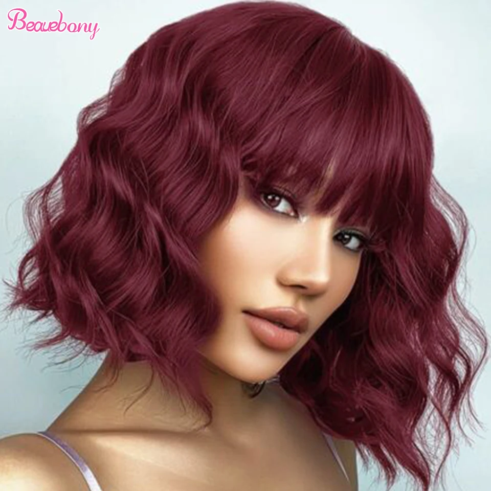 

Beauebony Burgundy Wig With Bangs Synthetic Hair Wavy Short Bob Wig With Bangs For Women Daily Use Cosplay Lolita Colored Wig