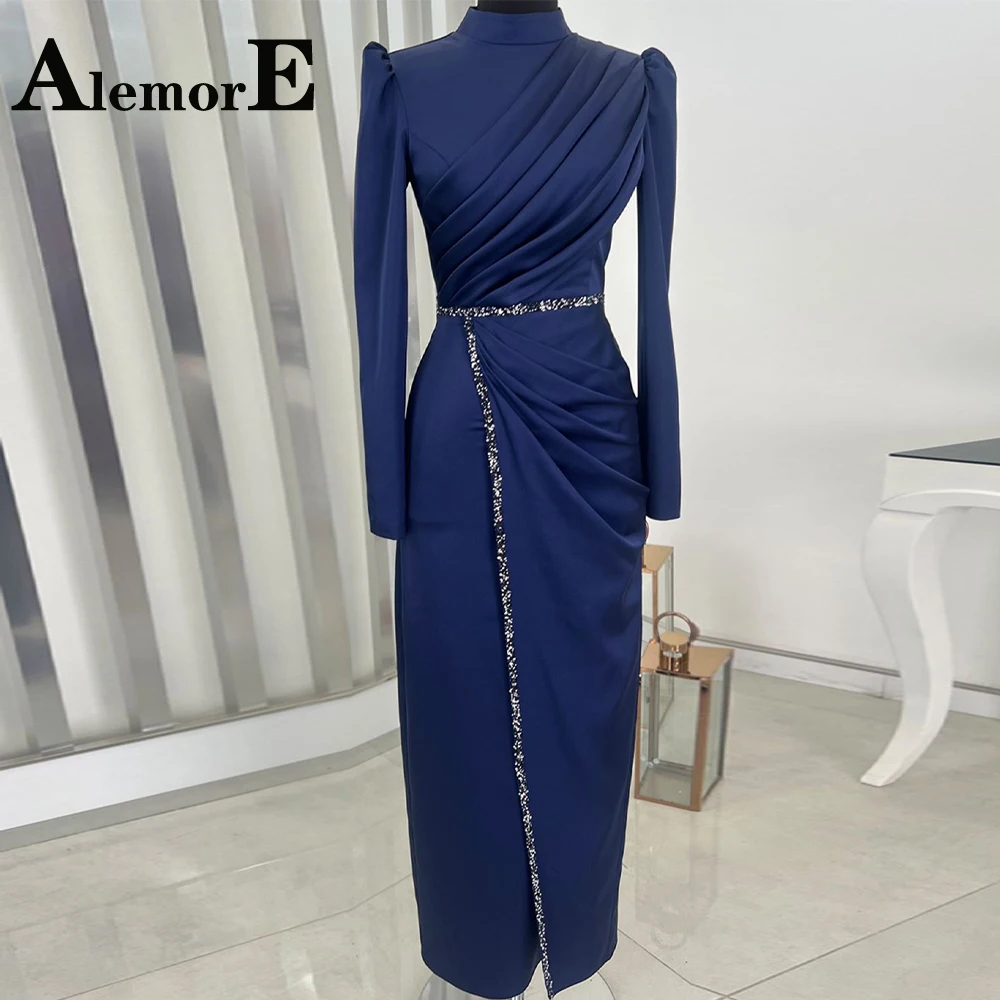 

Alemore Modest Simple Muslim Evening Prom Dresses Appliques High Neck Formal Long Sleeves Pleat Custom Made Robe de soirée