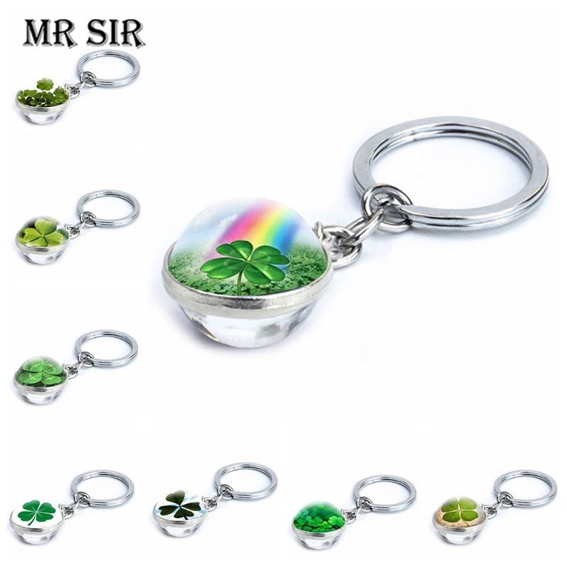 

Creative Clover Keychain Four Leaf Clover Green Color Plants Double Side Glass Ball Key Chain Pendant Keyring Lucky Jewelry Gift