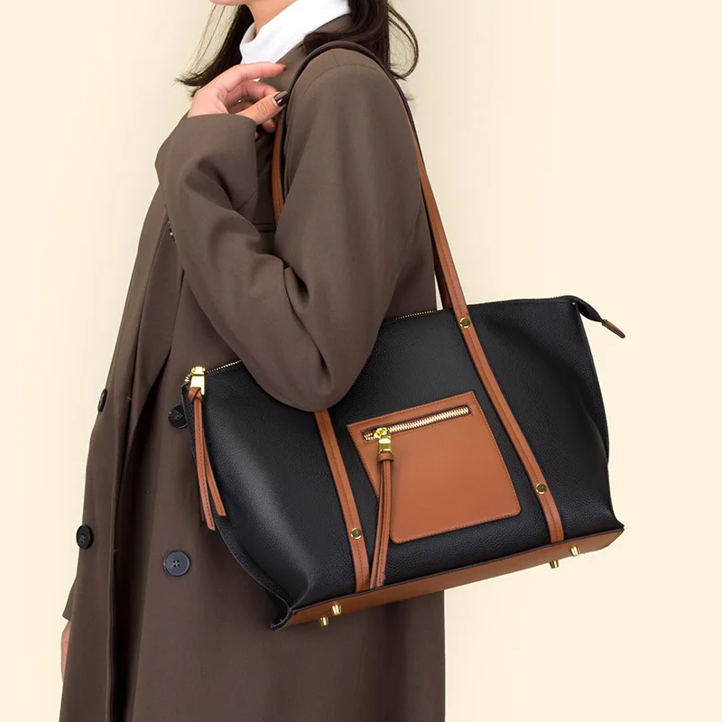 2022 new pu leather ladies black handbags and wallets contrast color ladies shoulder bag large capacity luxury designer tote bag