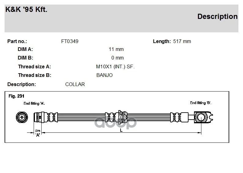 Ft0349_шланг Тормозной Передний! L=517mm Audi A2 Hatch K&K арт. FT0349