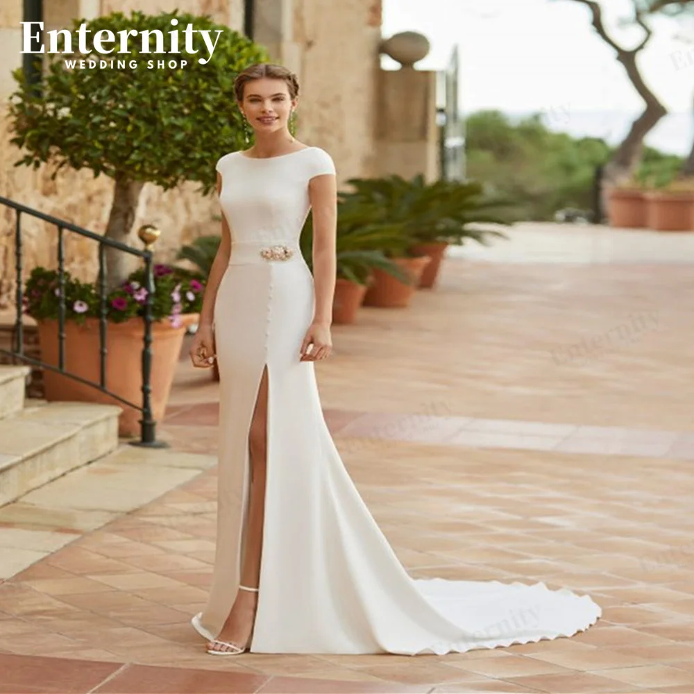 

Temperament High Split Mermaid Wedding Gowns Flowers Scoop Neckline Cap Sleeves Bride Dresses Plus Size свадебное платье