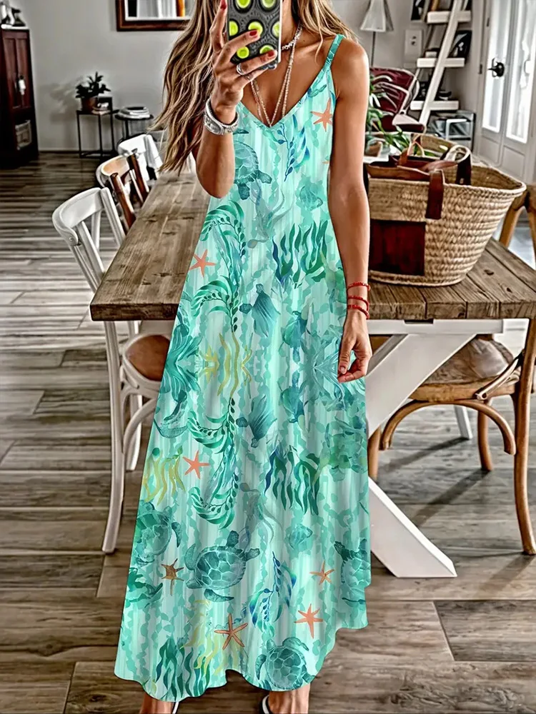 Женское вечернее платье без рукавов с V-образным вырезом и принтом морской