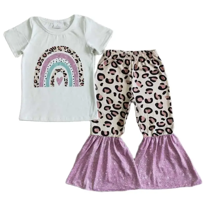 

Kids Clothing Girls Short Sleeve Top With Pants Leopard Print Milk Silk