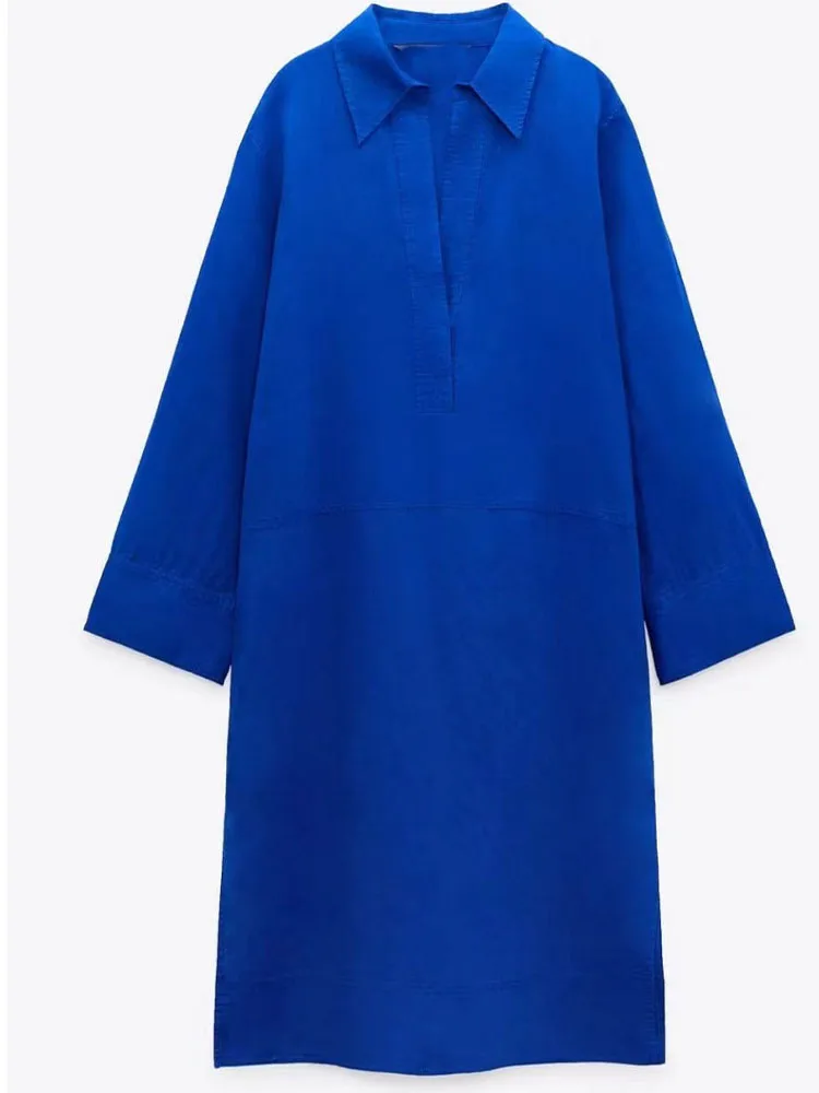 

Zach AiIsa Counter Quality Fashion Vintage Lapel Long Sleeve Hem Side Split Loose Casual Linen Texture Long Shirt Dress