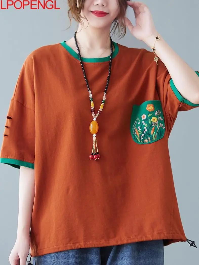 

New 2022 Summer Indie Folk Women Literature Art Embroidered Floral T-shirt Casual O-neck Loose Tops Women Clothes Versatile