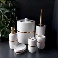 Bathroom Accessory Set Porcelain White 6 Pieces Luxury Toothbrush Holder Liquid And Solid Soap Dispenser Trash Can Toilet Brush