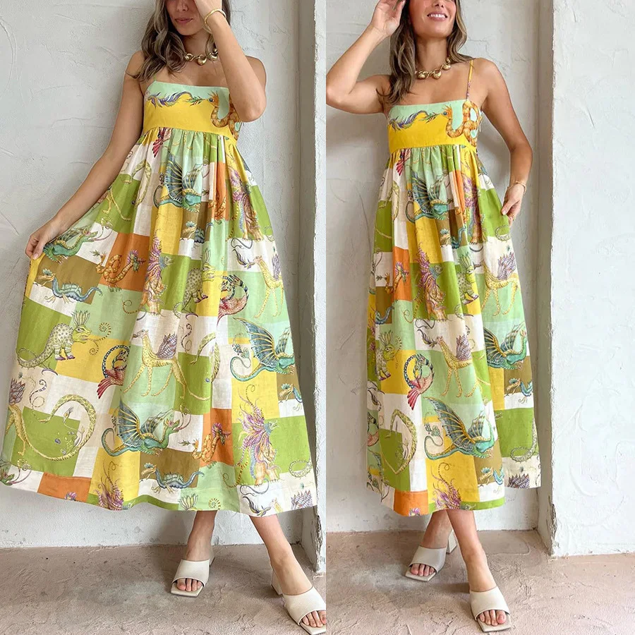 

2023 New Arrivals Summer Hot Selling Sling High Waisted Leisure Vacation Fashion Printing Dresses For Womens