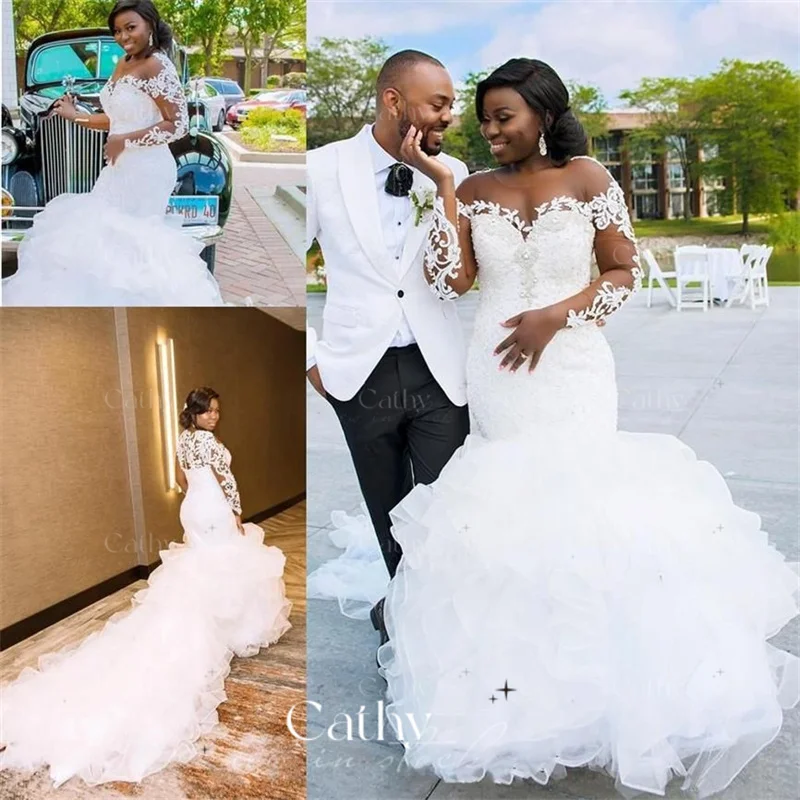 

African Luxury Long Sleeves Mermaid Wedding Dress Sexy Fishtail Wedding Dress Embroidery Trumpet Sweep Train Vestidos De Fiesta
